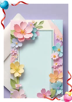 Cherry blossom frame on pastel background with space for text. Sakura.Paper art of Cherry blossom with frame on pastel background.Paper cut style.Spring background with sakura flowers and leaves. Vector paper illustration.3d rendering.Spring flowers frame with copy space for your text. Pastel colors.Minimal style.İnvitation and celebrations.