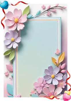 Cherry blossom frame on pastel background with space for text. Sakura.Paper art of Cherry blossom with frame on pastel background.Paper cut style.Spring background with sakura flowers and leaves. Vector paper illustration.3d rendering.Spring flowers frame with copy space for your text. Pastel colors.Minimal style.İnvitation and celebrations.