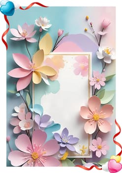 Cherry blossom frame on pastel background with space for text. Sakura.Paper art of Cherry blossom with frame on pastel background.Paper cut style.Spring background with sakura flowers and leaves. Vector paper illustration.3d rendering.Spring flowers frame with copy space for your text. Pastel colors.Minimal style.İnvitation and celebrations.