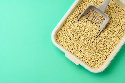 Pet litter box with bio filler on green background close up