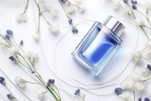 A blue bottle of perfume surrounded by white flowers lies on a white surface in 5k