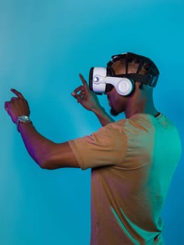 Immersed in a digital realm, an African American man navigates the virtual landscape with a VR goggles, using tactile gestures to interact with virtual objects, showcasing a harmonious blend of technology, innovation, and diverse empowerment.