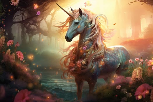 Magical unicorn in a magical forest in the warm light of the sun.