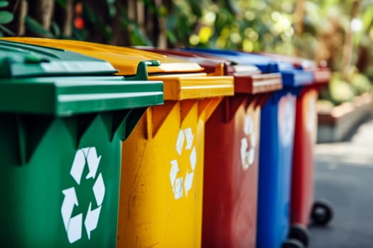 Colorful garbage cans with recycle symbols outdoors.