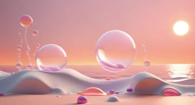 Beautiful 3d illustration of an abstract background with bubbles and waves.abstract scene with waves and bubbles in water. 3d render.Soap bubbles in the sea at sunset.Soap bubbles on the beach at sunset.