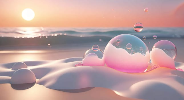 Beautiful 3d illustration of an abstract background with bubbles and waves.abstract scene with waves and bubbles in water. 3d render.Soap bubbles in the sea at sunset.Soap bubbles on the beach at sunset.