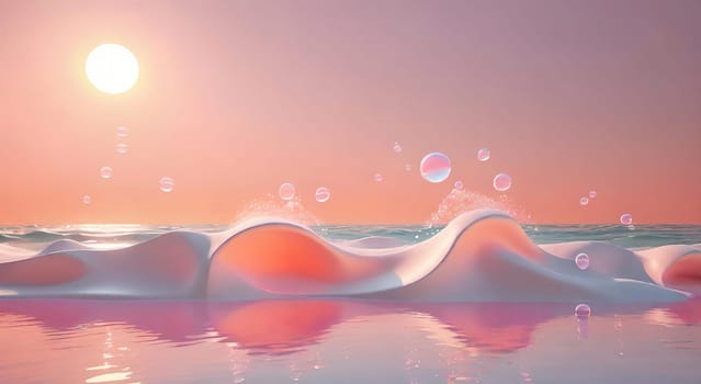 Beautiful 3d illustration of an abstract background with bubbles and waves.abstract scene with waves and bubbles in water. 3d render.Soap bubbles in the sea at sunset.Soap bubbles on the beach at sunset.