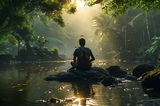 A man admires nature near a pond in the forest. A man is in harmony with nature.
