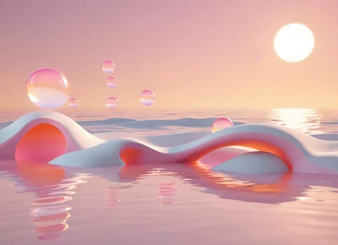 Beautiful 3d illustration of an abstract background with bubbles and waves.abstract scene with waves and bubbles in water. 3d render.Soap bubbles in the sea at sunset.Soap bubbles on the beach at sunset.
