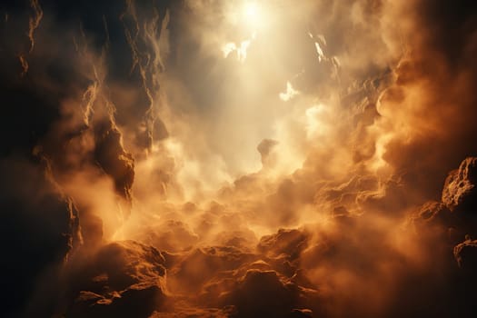 Background with huge clouds of dust, smoke in the rocks in warm light.