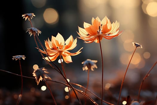 Silhouettes of flowers against the background of nature, flooded with sunlight.