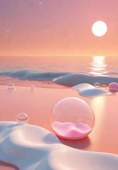 Beautiful 3d illustration of an abstract background with bubbles and waves.abstract scene with waves and bubbles in water. 3d render.Soap bubbles in the sea at sunset.Soap bubbles on the beach at sunset.