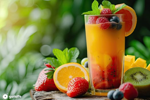 Fresh tropical fruit smoothie orange and strawberry juice on a outdoor tropical background.