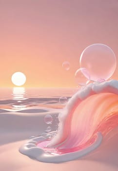 Beautiful 3d illustration of an abstract background with bubbles and waves.abstract scene with waves and bubbles in water. 3d render.Soap bubbles in the sea at sunset.Soap bubbles on the beach at sunset.