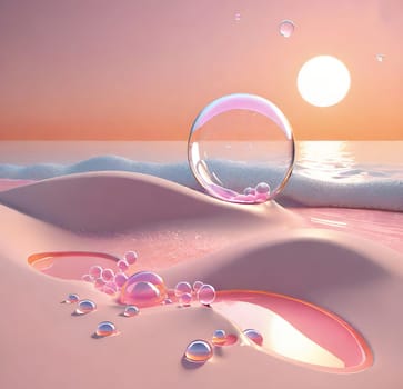 Beautiful 3d illustration of an abstract background with bubbles and waves.abstract scene with waves and bubbles in water. 3d render.Soap bubbles in the sea at sunset.Soap bubbles on the beach at sunset.