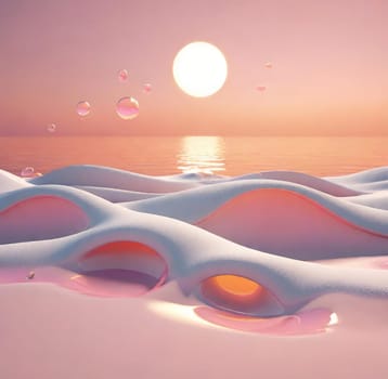 Beautiful 3d illustration of an abstract background with bubbles and waves.abstract scene with waves and bubbles in water. 3d render.Soap bubbles in the sea at sunset.Soap bubbles on the beach at sunset.