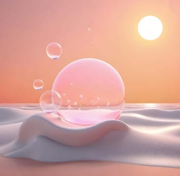 Beautiful 3d illustration of an abstract background with bubbles and waves.abstract scene with waves and bubbles in water. 3d render.Soap bubbles in the sea at sunset.Soap bubbles on the beach at sunset.