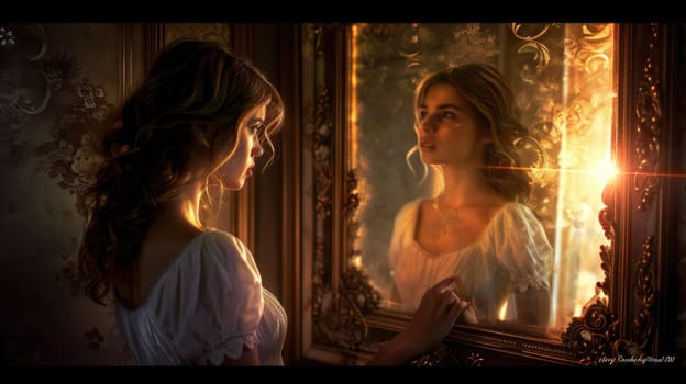 young woman looking herself in beautiful mirror pragma