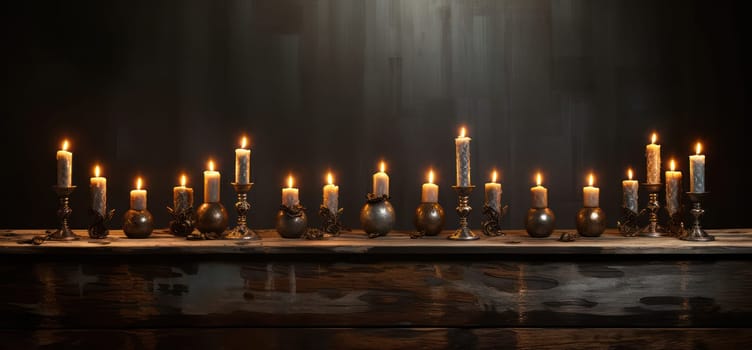 Glowing Candlelight: An Ancient and Mysterious Flame Illuminating a Dark Vintage Table with Decorative Wax Holder