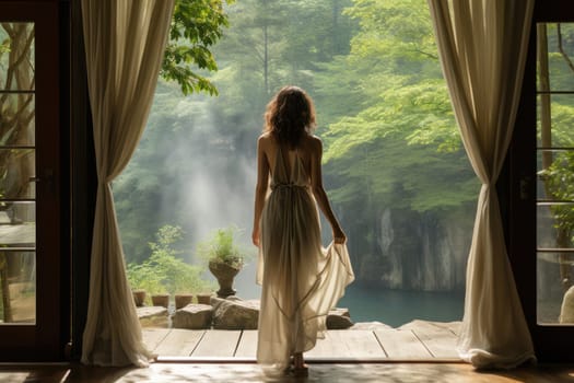 A Serene Wanderlust: Young Female Traveler Relaxes at a Waterfall in Bali, Amidst Tropical Forest