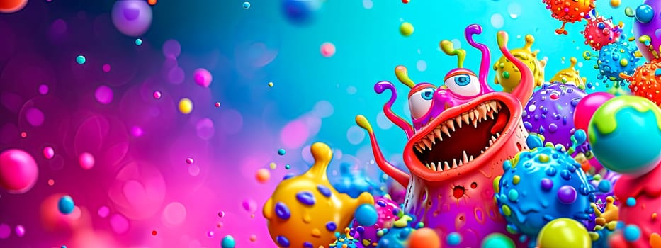 multicolored monster with multiple eyes and tentacles amidst a splattering of vividly colored bubbles and droplets, set against a bokeh background with a gradient from magenta to turquoise, copy space