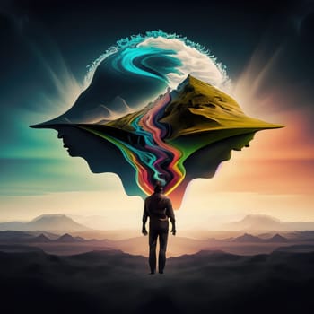 Conceptual image of a man standing in front of a colorful mountain. AI Generated.