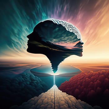 Artificial intelligence concept as a 3D render of a human head with a low poly brain and a mountain landscape with double exposure effect as a background. AI Generated.