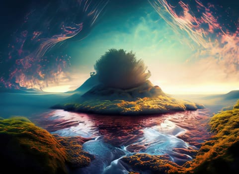 Fantasy alien planet. Mountain and sea. 3D illustration. AI Generated.