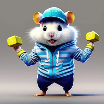 3D illustration of a cute little white rat in a blue sportswear with dumbbells. AI Generated.