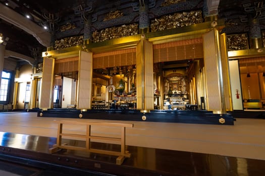 Tokyio, Japan. January 2024. internal panoramic view of the altars of  Tsukiji Hongan-ji Buddhist temple.