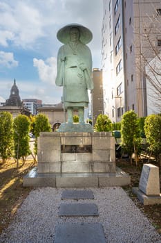 Tokyio, Japan. January 2024. Saint Shinran Statue at the Tsukiji Hongan-ji Buddhist temple in the city center