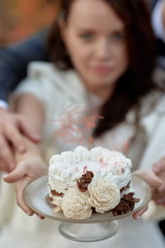 bride on the nature in autumn . the bride with cake at the wedding.