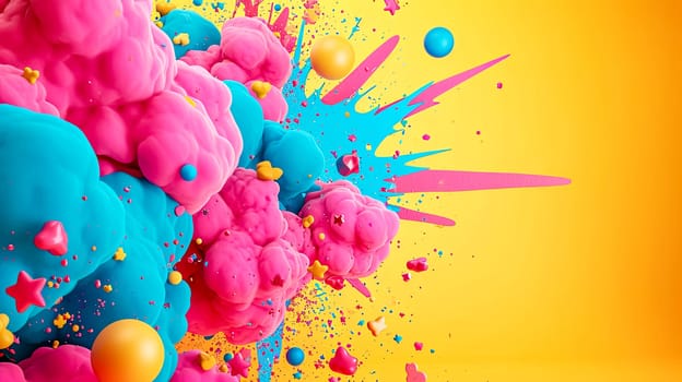 surrealistic touch, featuring pink and blue cloud-like formations and various shapes, splatters, and floating orbs against a bright yellow background.