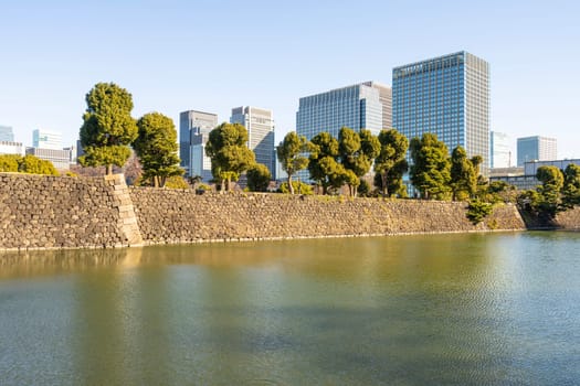 Tokyio, Japan. January 2024.  the water-surrounded walls of the Front Gardens of the Imperial Palace in the city center