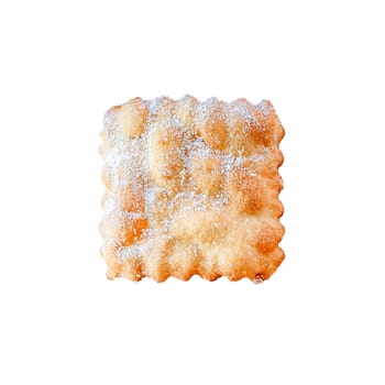 Traditional sweet crisp pastry deep-fried and sprinkled with powdered sugar isolated on white background. Carnival food tradition. Italy