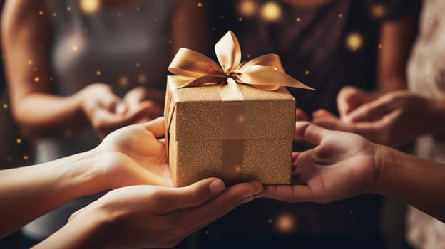 Girl holding a box with a gift in her hands. selective focus. Generative AI