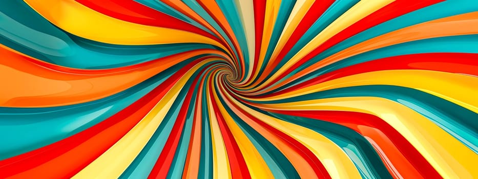 swirling vortex of glossy, colorful stripes in a dynamic and mesmerizing pattern, creating an optical art effect with a vivid spectrum of red, orange, yellow, green, blue, and teal.