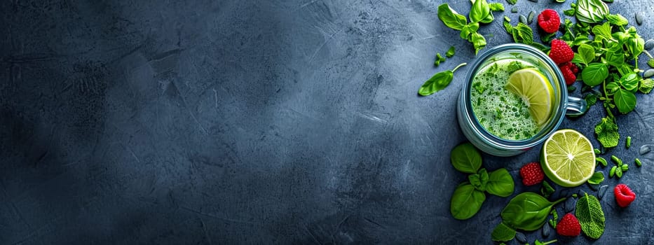 A vibrant and healthy display of fresh ingredients with a glass of green smoothie on a dark slate background, ideal for a culinary or wellness concept with space for text