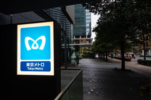Tokyio, Japan. January 2024. the illuminated sign with the Tokyo Metro symbol at a station in the city center