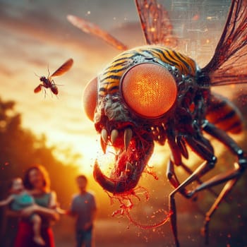 genetically modified macro closeup of nano robot engineered weapon mosquito in action concept design depopulation evil plan generative ai art