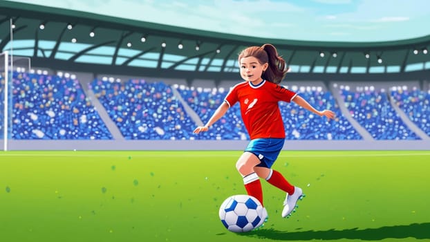 A young girl football player in colors of national spain football team plays with her feet a soccer ball. illustrations in cartoon style on sport stadium background for children High quality illustration