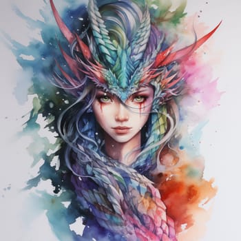 A painting of a woman in the dragon on her head, in the style of colorful fantasy realism. Charming anime character, highly realistic. Watercolor art illustration. Serene faces, portrait close up.