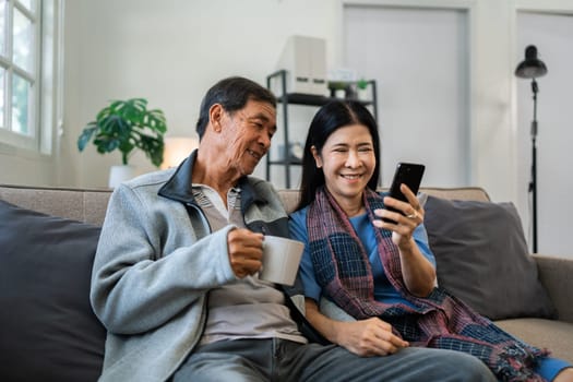 Retired elderly couple sits on couch drink tea and using mobile together and relax in their home. Senior Activity Concept.