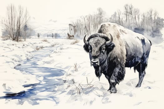 Winter Power: Majestic Bison Standing in Frozen Landscape of BiaÅ‚owieÅ¼a Forest National Park