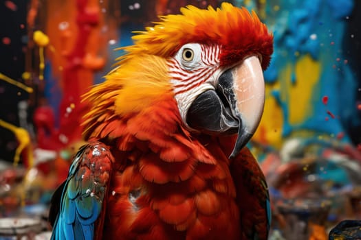 Vibrant Exotic Beauty: Close-up Portrait of a Red and Green Macaw, a Stunning Tropical Bird with Bright Feathers, in a Colorful Jungle Background