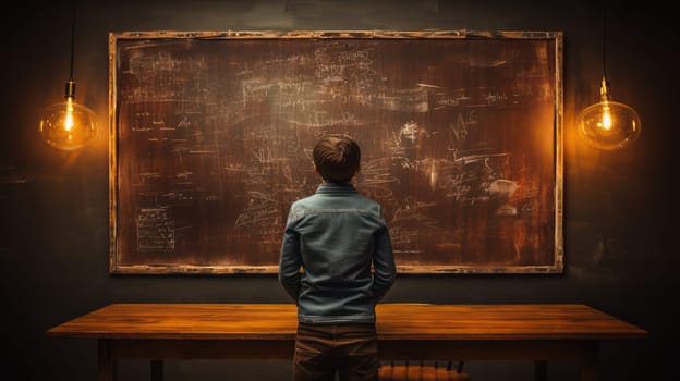 Studious Classroom: Young Caucasian Schoolboy Studying Math Theory with a Chalk in Hand, Solving Complex Equations on a Blackboard Background