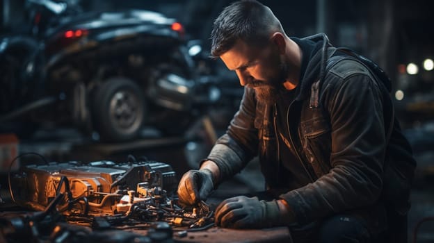 repairman mechanic at car repairing work using a tool. High quality photo