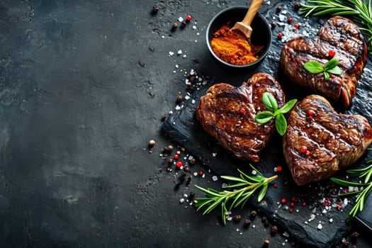 grilled beef steak for valentines day pragma in black background