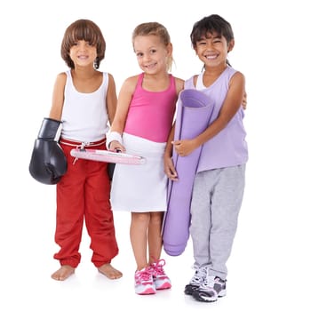 Portrait, sports and wellness with children friends in studio isolated on white background for exercise or training. Health, fitness and kids together for tennis game, yoga or boxing workout.