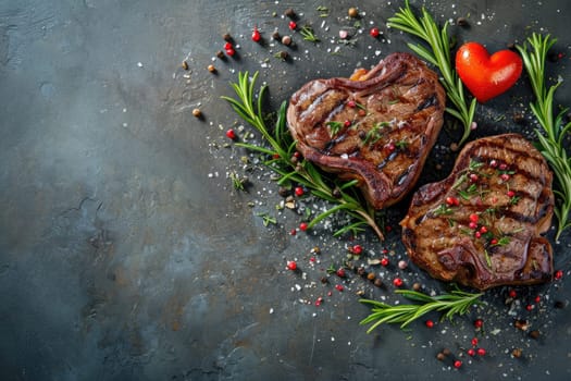 grilled beef steak for valentines day pragma in black background